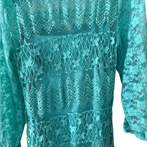 Turquoise Lace Mini Dress with Long Sleeves & Tiered Ruffle Hem - Picture 5 of 5